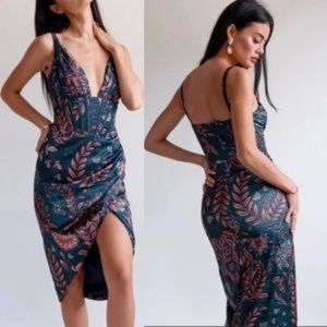 NWT Averie Halley Draped Midi Corset Dress Flowery Print Cobalt Blue Size Small